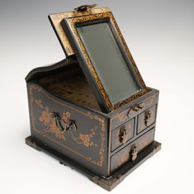 Antique Chinese Painted Wood Jewelry Chest with Dragon and Phoenix