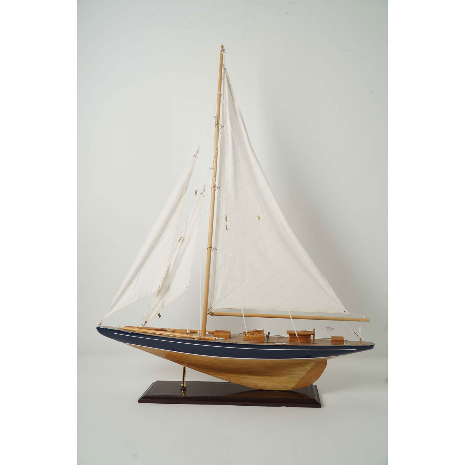 Handcrafted Wooden Model Sailboat with White Sails on Display Stand (1 of 8)
