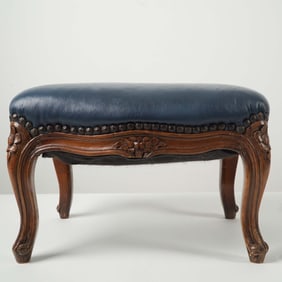 Carved Wood Ottoman with Blue Upholstered Seat