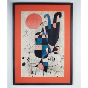 After Joan Miro, Framed Serigraph on Paper, People and Dog in the Sun