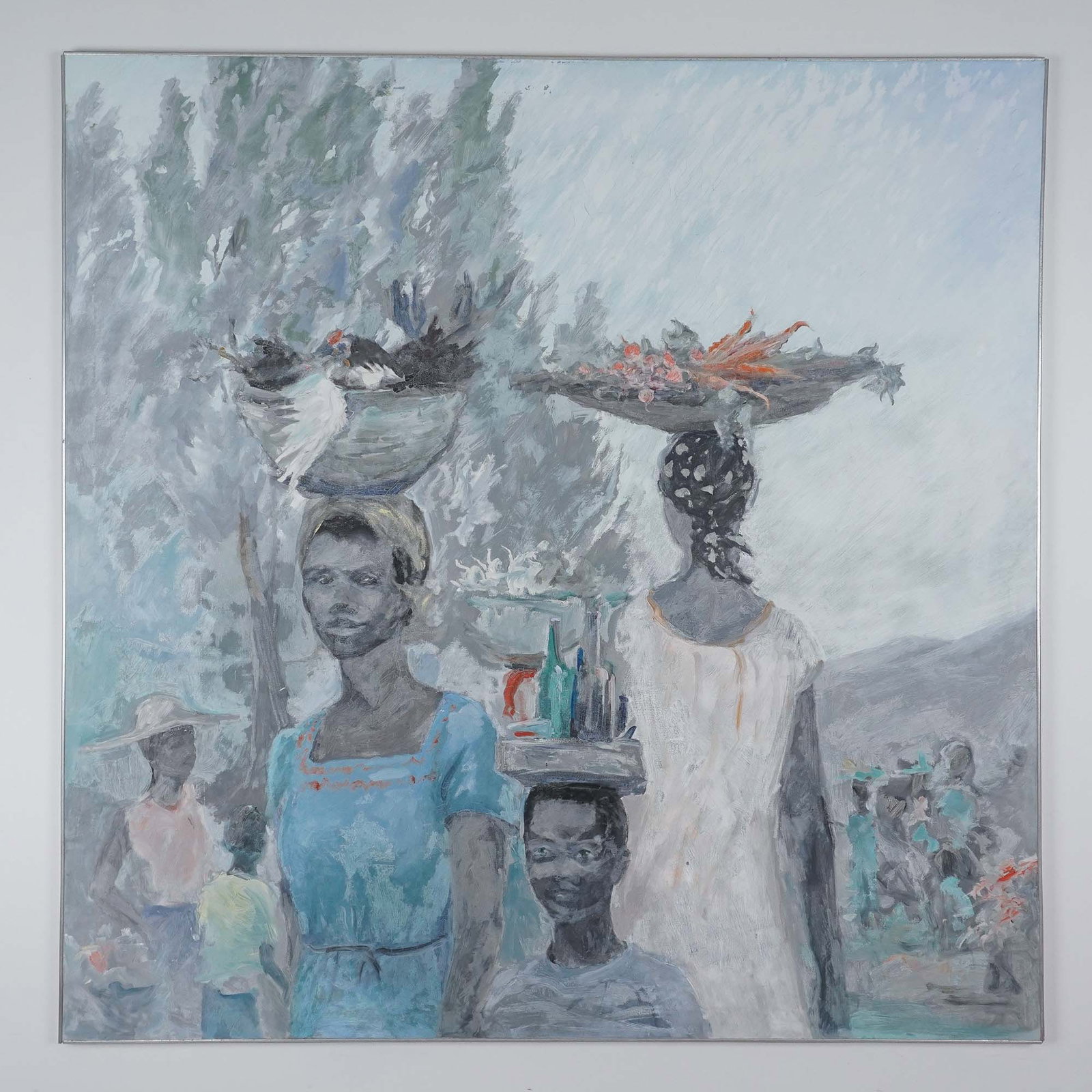 Annette Krauss Rose, Market Scene with West Indies Figures: This captivating painting by Palm Beach artist Annette Krauss Rose portrays a vibrant Caribbean market scene filled with human connection and cultural richness. Rendered in soft yet expressive brushst