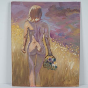 Louis Russ, Oil on Canvas Board Painting, Florida Nude, Signed