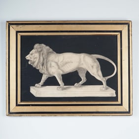 Original Charcoal Drawing on Paper of a Lion on a Plinth, Signed