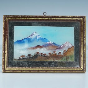 Framed Gouache Landscape Painting on Mirror Surface, Artist Signed