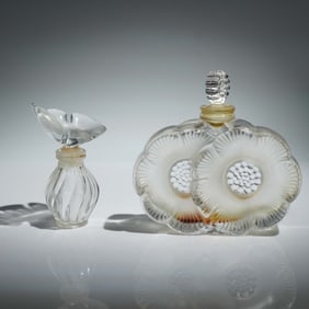 2pc Lalique Crystal Perfume Bottles with Dove and Floral Stoppers