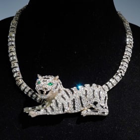 Vintage Rhinestone and Enamel Tiger Statement Necklace