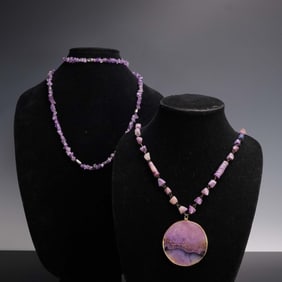 2pc Purple Stone Beaded Necklaces with Medallion Pendant