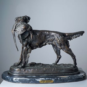 Jules Moigniez, Antique French Bronze Sculpture, Setter with Bird, Signed