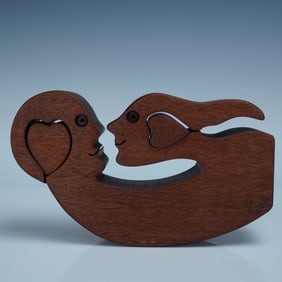 Bob Ameri Wooden Puzzle Couple Kissing Sculpture, Signed