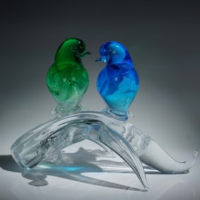 Venetian Art Glass Sculpture, Lovebirds on Branch
