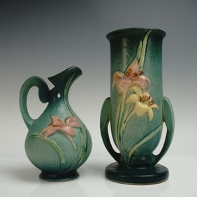 2pc Roseville Pottery Vase and Jug, Zephyr Lily