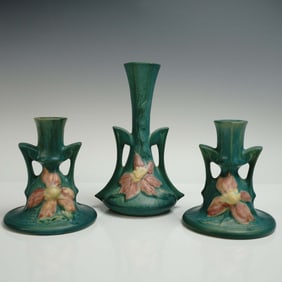 3pc Roseville Pottery Clematis Vase and Candlesticks