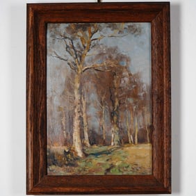 Harry Mitton Wilson, Oil on Board Painting, Woodland w/ Birch Trees, Signed