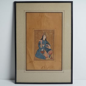 Indo-Persian Watercolor and Pen Miniature Painting, Framed