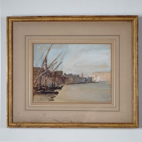 Continental School Harbor Scene Watercolor and Ink on Paper, Signed