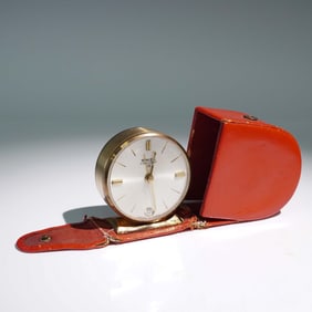 Vintage Swiza Calendar 8 Swiss Travel Alarm Clock with Red Folding Case