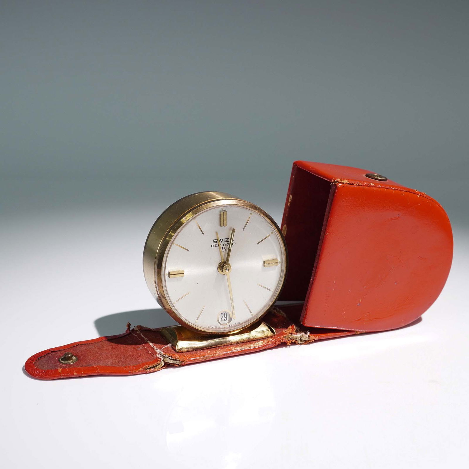 Vintage Swiza Calendar 8 Swiss Travel Alarm Clock with Red Folding Case (1 of 6)