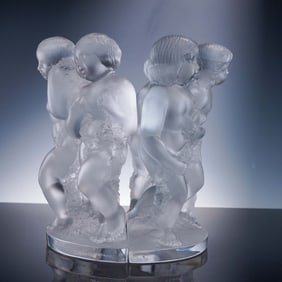 2pc Lalique Crystal Cherub Bookends