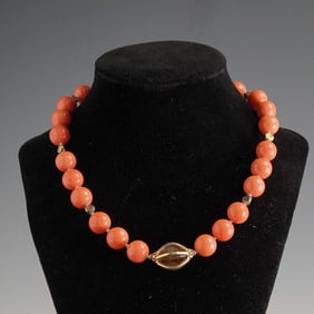 925 Silver Heart Clasp Beaded Necklace with Coral-Colored Beads