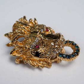 Landau Lion Head Brooch with Rhinestones