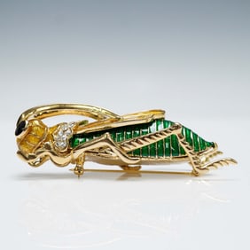 Gold Tone Grasshopper Brooch with Crystals and Enamel