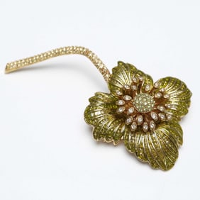 Oversized Green and Gold Flower Brooch with Crystal Stem