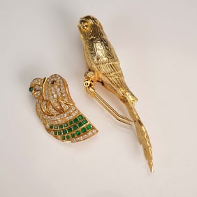 2pc Gold Tone Bird Brooch and Fur Clip Lot