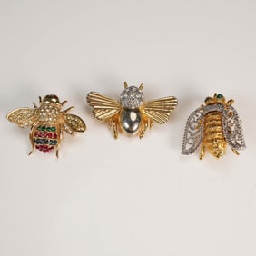3pc Bee Brooch Set with Rhinestones and Metal Detailing
