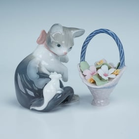 2pc Lladro Porcelain Figurines, Cat and Mouse & Basket of Blossoms