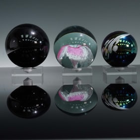 3pc Art Glass Paperweights with Display Stands, One Marked Balos