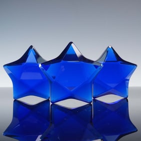 3pc Rosenthal Blue Crystal Star Paperweights with Boxes