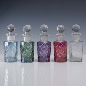 5pc Cut Glass Bottles, Multi-Colored with Faceted Stoppers