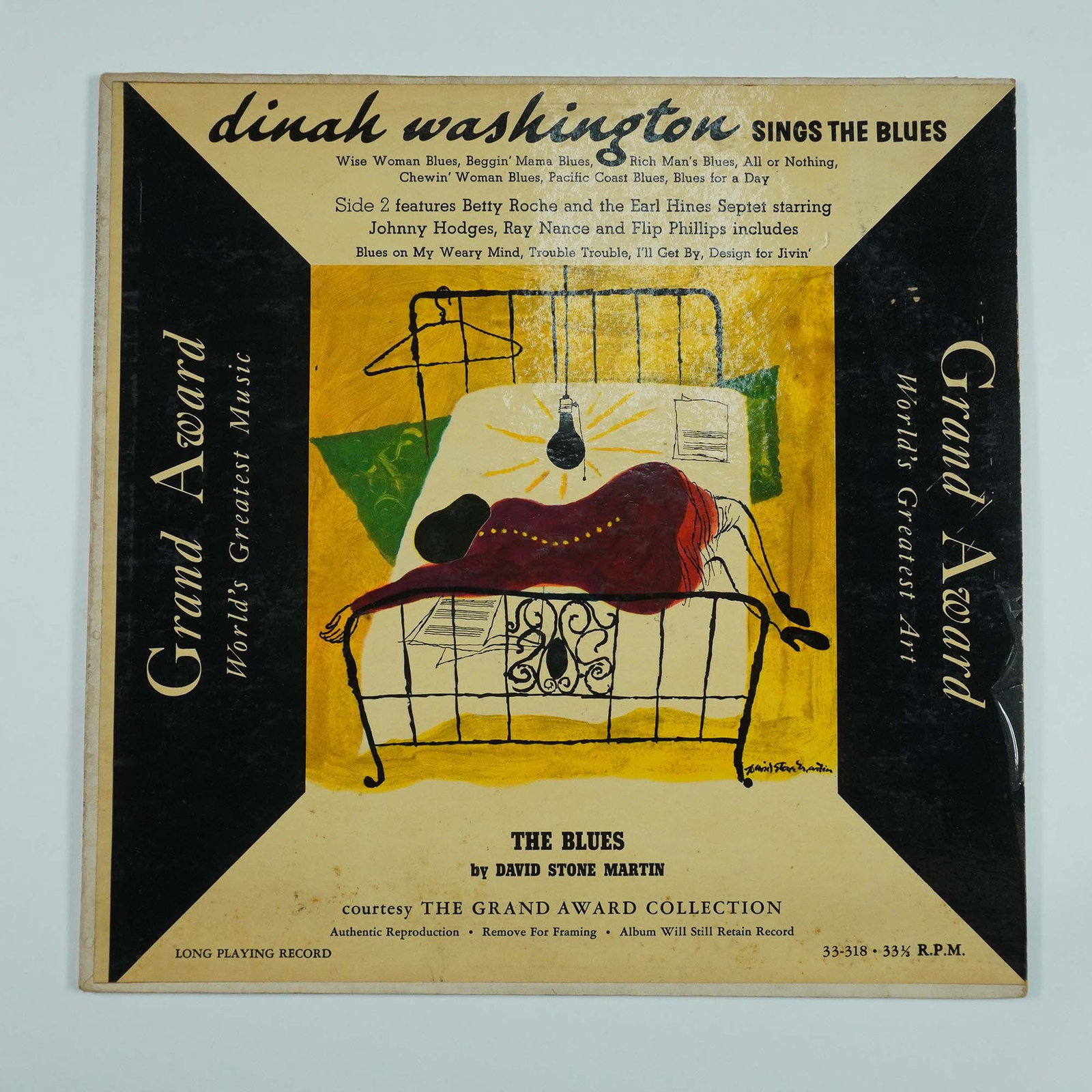 Dinah Washington Sings the Blues LP, Grand Award Records: Vintage Grand Award Records LP (GA-33-318) featuring Dinah Washington's soulful blues vocals on classics like Jailhouse Blues and Trouble in Mind, with Betty Roche and the Earl Hines Septet on Side 2.