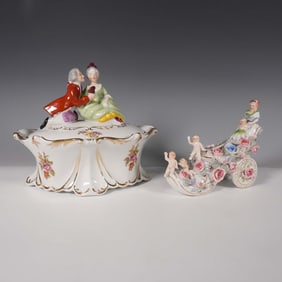 2pc Occupied Japan Porcelain Lidded Dish and Shoe Planter