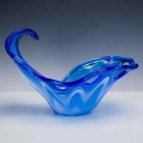 Hand Blown Art Glass Basket in Cobalt and White