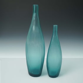 2pc Ribbed Teal Art Glass Vases