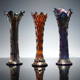 3pc Iridenscent Carnival Glass Vases, Hobnail and Tree Bark Patterns