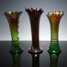 3pc Iridescent Carnival Glass Vases, Marigold and Green