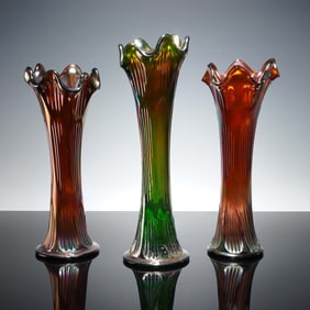3pc Iridescent Carnival Glass Vases, Ribbed Trumpet Form