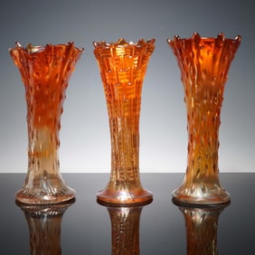 3pc Marigold Carnival Glass Vases, Tree Bark and Basketweave Patterns