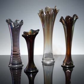 4pc Antique Iridescent Carnival Glass Vase Collection