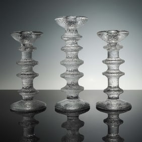 3pc Iittala Finnish Glass Candlesticks, Textured Clear