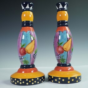 2pc Hand-Painted Candlestick Holders, Fruit Motif
