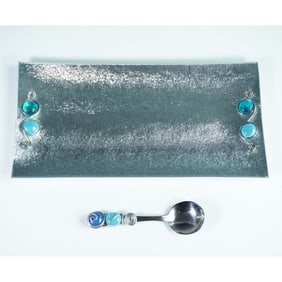 2pc Cabochon Embellished Spoon and Glass Tray Set