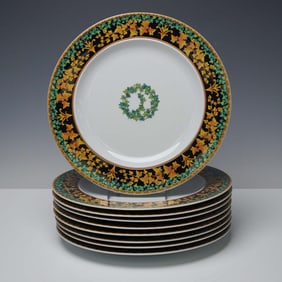 9pc Rosenthal Versace Porcelain Dinner Plates, Gold Ivy