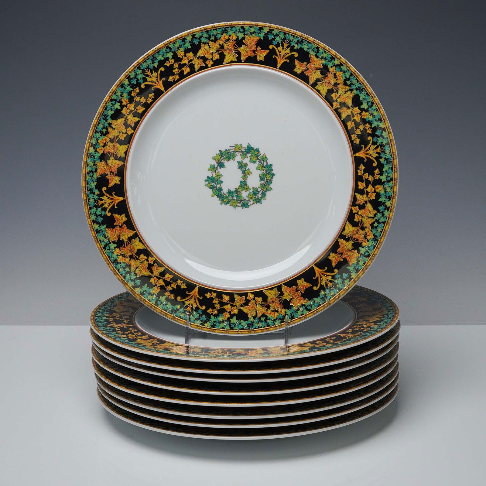 9pc Rosenthal Versace Porcelain Dinner Plates, Gold Ivy (1 of 7)