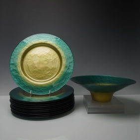 12pc Portmeirion Studio Glass Chargers & Bowl, Green Gold