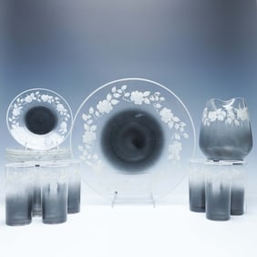 17pc 1950s Frosted Glass Tableware Set with Hand-Painted Floral Design