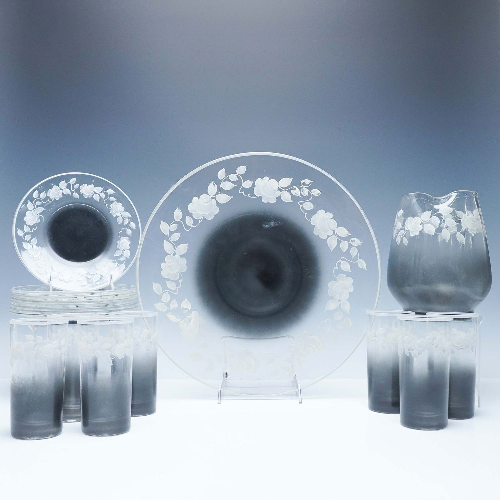 17pc 1950s Frosted Glass Tableware Set with Hand-Painted Floral Design (1 of 6)