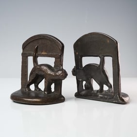 2pc Set Vintage Bronze Cat Bookends, Peeking Around Corner
